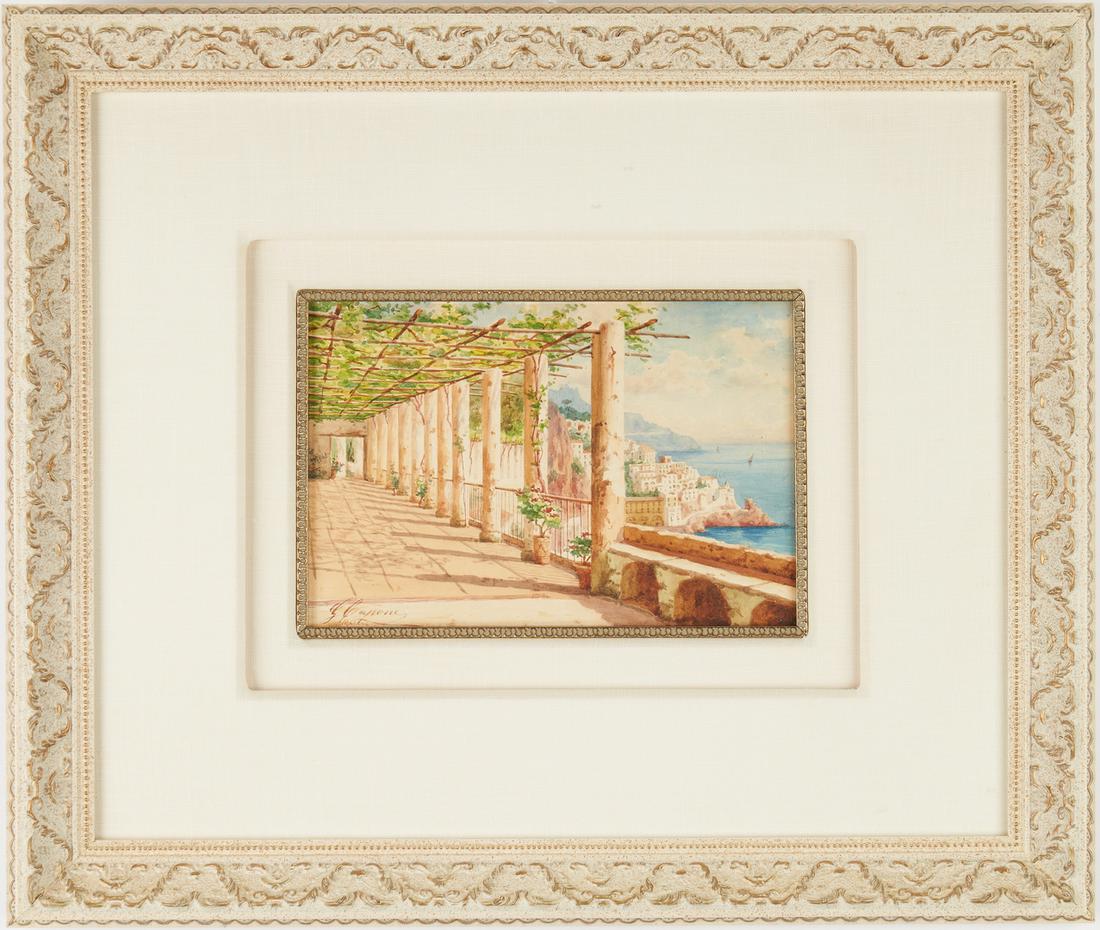 Gaetano Capone W/C Painting, Amalfi Coast, Italy: Gaetano Capone (Italy/New York, 1845-1920) watercolor on paper painting depicting a pergola with greenery situated on the terrace of a cliff side villa, blue waters and an Italian city on the Amalfi C