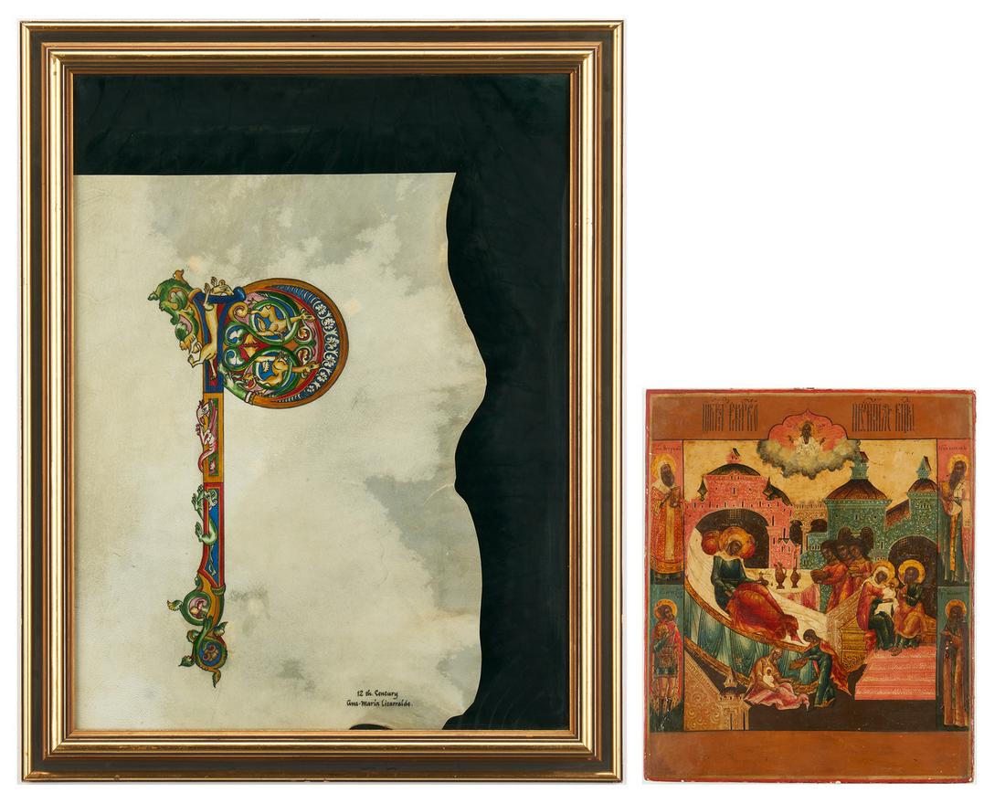 Russian Icon plus Illuminated Letter P on Vellum: Two (2) Works of Art, including Russian Orthodox icon. 1st item: Palekh Russian Orthodox icon, egg tempera, gold leaf and gesso on panel, depicting various Biblical scenes of Mary, Mother of God and t