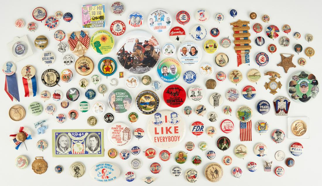 144 Political, War, and Misc. Ephemera Items, incl.: One hundred and forty-four (144) political, war, and miscellaneous pin back buttons, including Democratic, Republican, Third Party, Spanish-American, World War I, and World War II, dated circa 1896-20