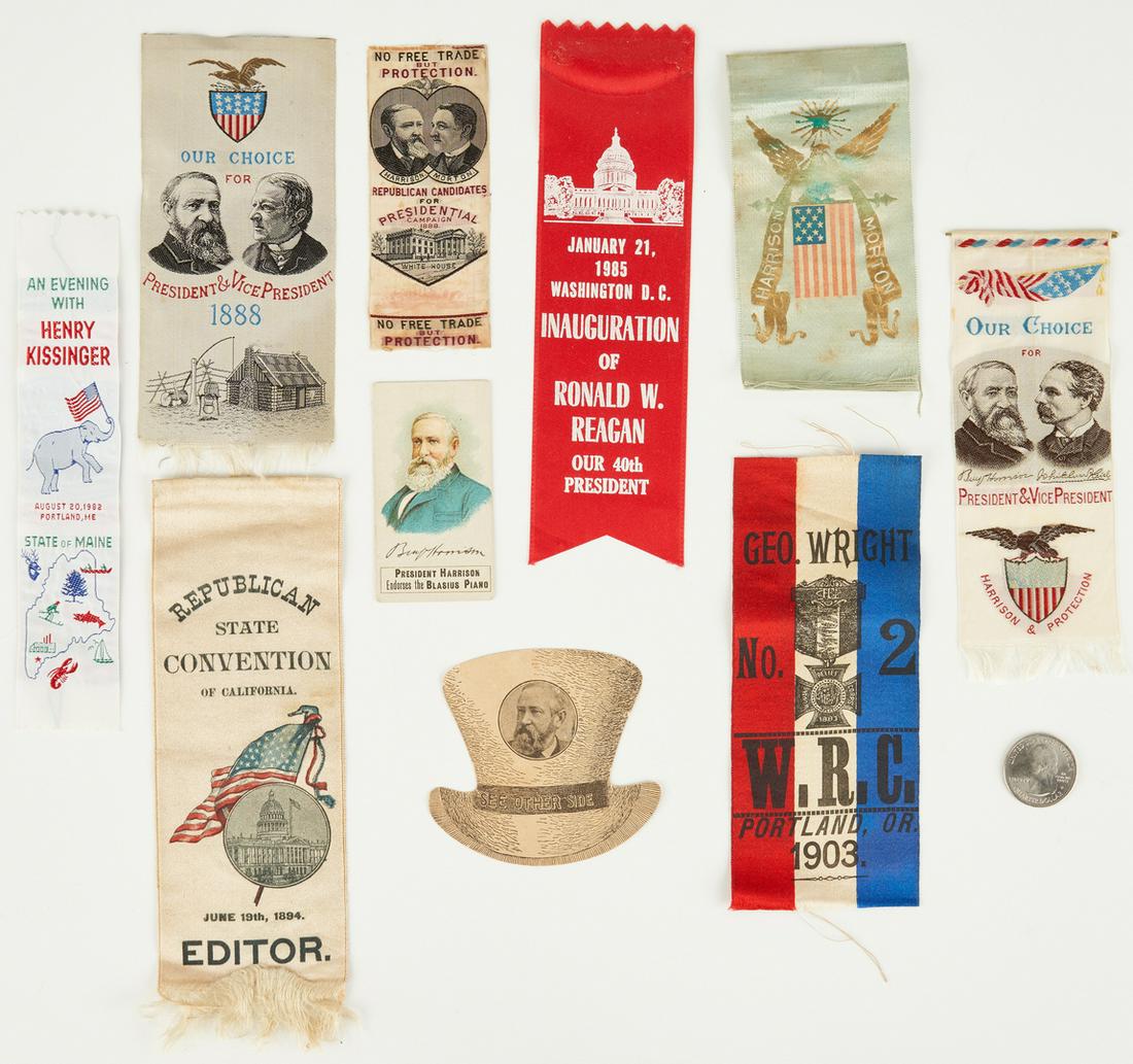 10 Political Related Ephemera, incl. B. Harrison: Ten (10) political related ribbons and paper ephemera items, including Benjamin Harrison presidential campaign, 1888. 1st-6th items: Six (6) Harrison presidential campaign ephemera items, including fo