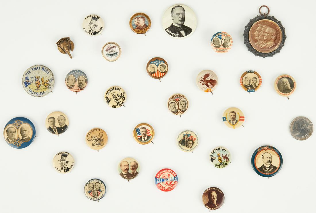 28 Political Ephemera Items, incl. McKinley, Roosevelt,: Twenty-eight (28) political ephemera items, including William McKinley, Theodore Roosevelt, William Howard Taft, and more. 1st-7th items: Seven (7) McKinley related ephemera items, including one (1) N
