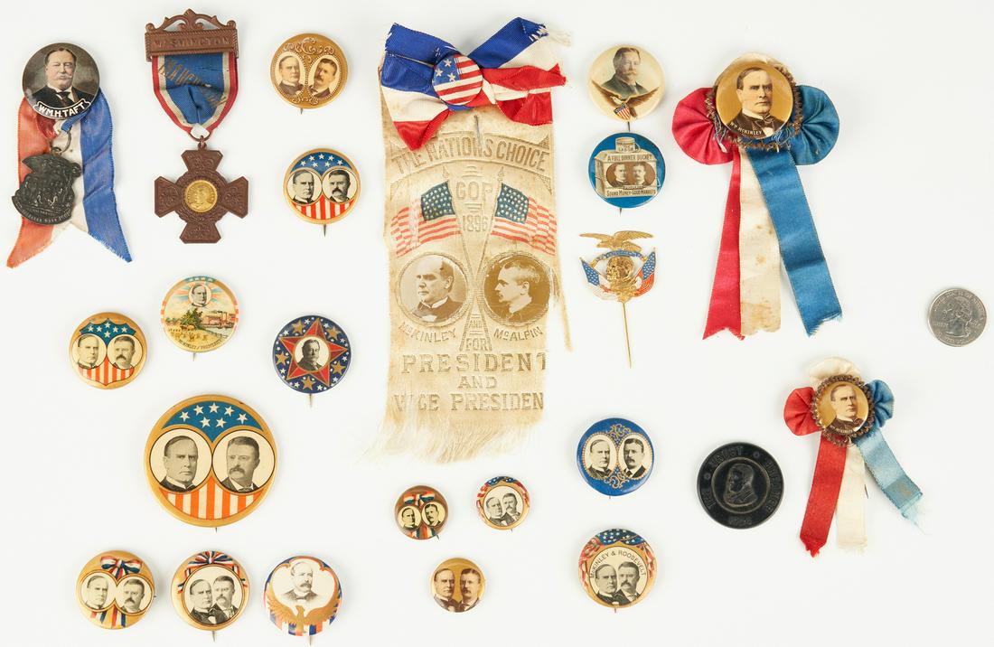 23 Presidential Campaign Ephemera Items, incl.: Twenty-three (23) presidential campaign related ephemera items, dated circa 1896-1908, including William McKinley, Theodore Roosevelt, William Howard Taft, and more. 1st item: McKinley first president