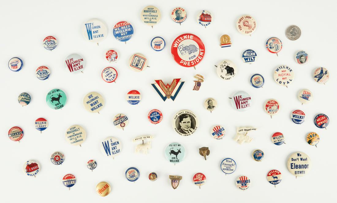 120 Political Ephemera Items, incl. Wilkie: Two hundred and twelve (212) political ephemera items, including Wendell Lewis Willkie and Charles McNary presidential campaign related items. 1st-71st items: Seventy-one (71) Willkie and McNary presi