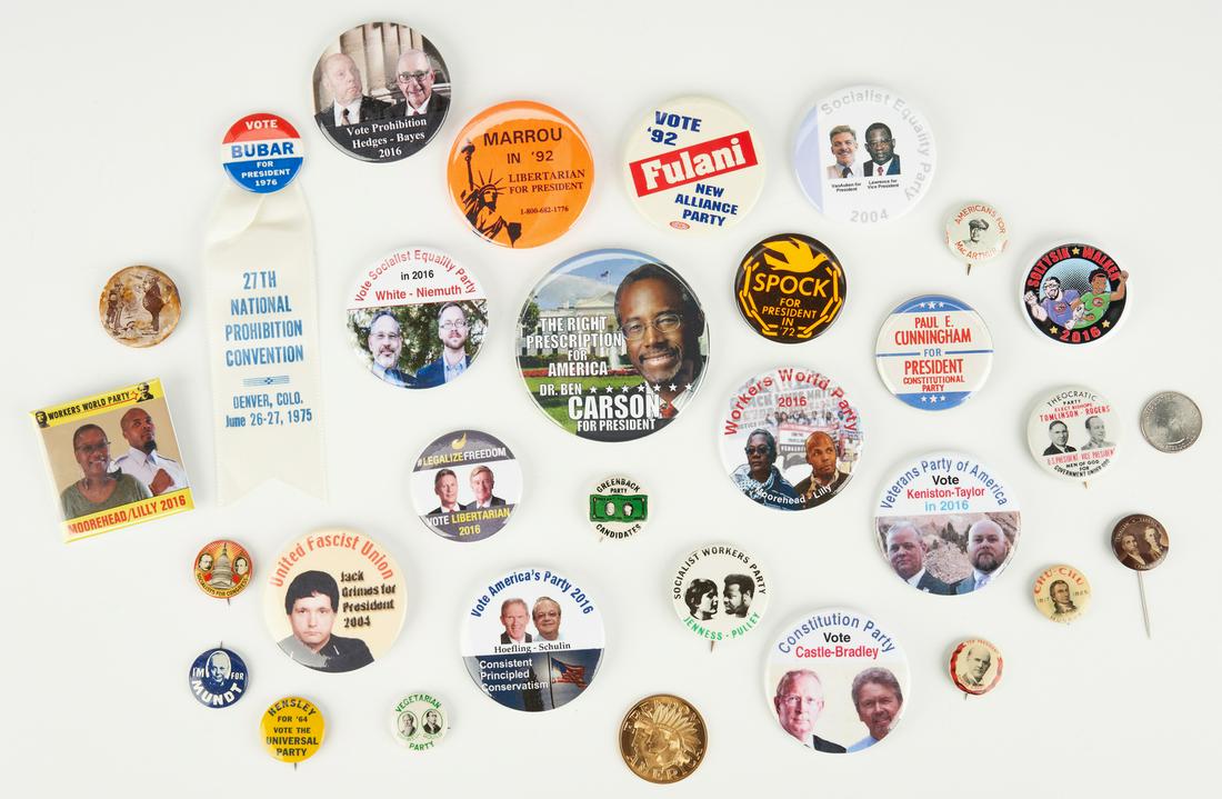 30 Third Party Candidate Ephemera Items, incl. Buttons: Thirty (30) third party pinback buttons and other ephemera items, dated circa 1896-2016, including one (1) Eugene V. Debs presidential button, one (1) "Chu-Chu Munroe 1817-1825" button, one (1) "Hanna