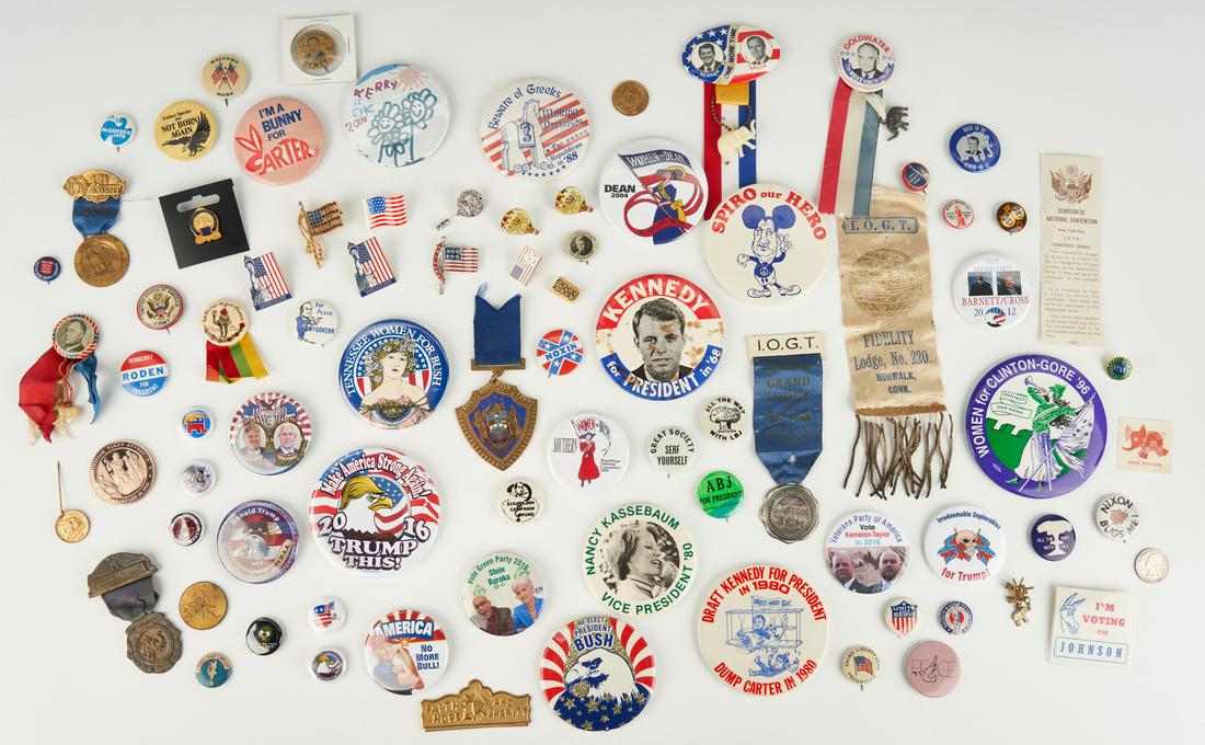 79 Political Ephemera Items, incl. Presidential: Seventy-nine (79) political ephemera items, including fifty-one (51) presidential campaign, third party, World War I and World War II era, and more pin back buttons. 1st-51st items: Fifty-one (51) pre