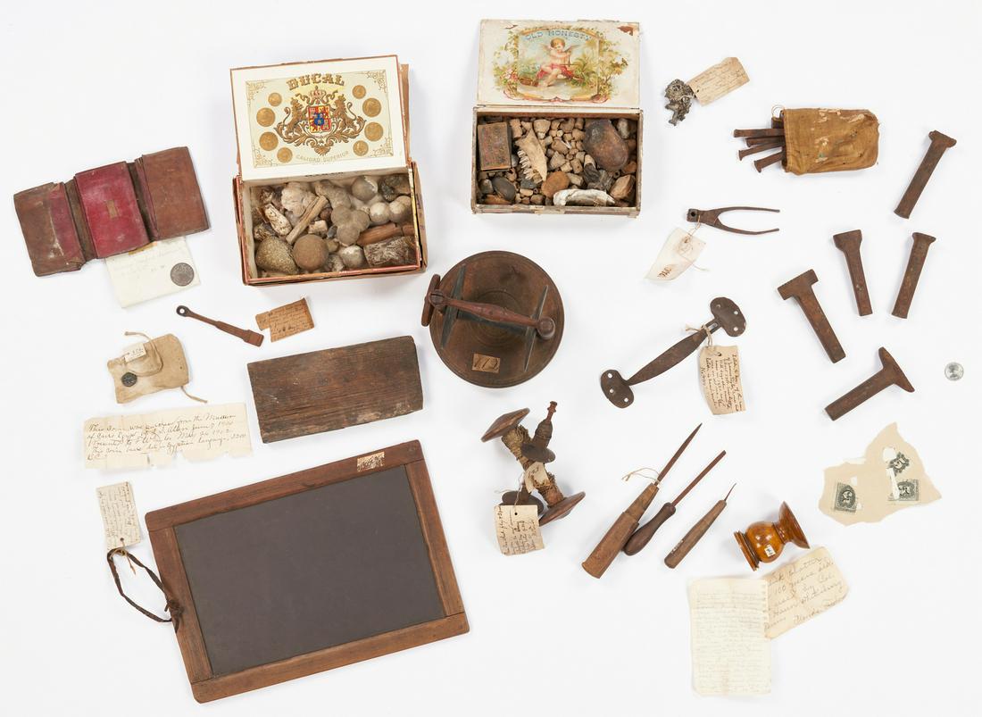 24 Taylor/Graham Family Ephemera Items, Tennessee: Collection of twenty-four (24) Taylor/Graham family ephemera items, including chalkboard/slate used by Revolutionary War Captain Daniel P. Taylor, molten silver nodule belonging to William Graham, coi
