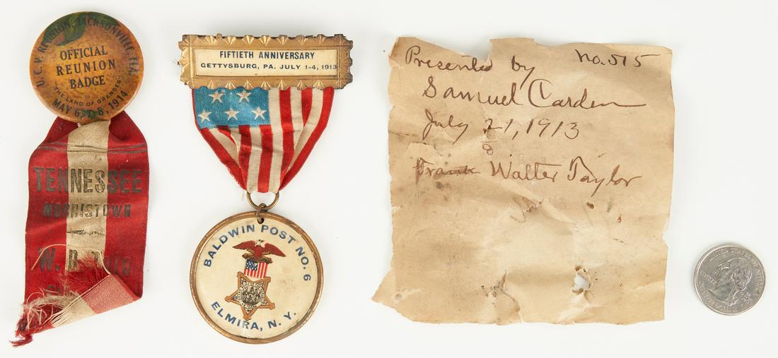 2 Civil War Reunion Badges, incl. UCV FL 1913: Two (2) Civil War Reunion badges, United Confederate Veterans (U.C.V.) Jacksonville, Florida May 6-8, 1913 and Fiftieth Anniversary Gettysburg, Pennsylvania July 1-4, 1913. 1st item: U.C.V. Jacksonvil
