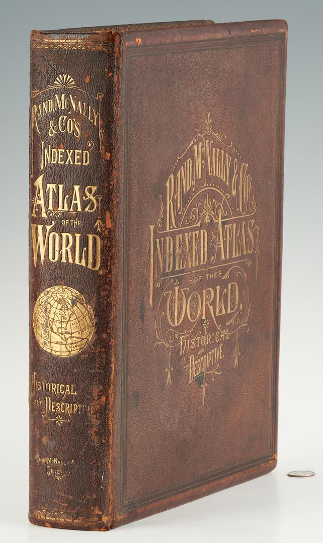 Rand, McNally, & Co. World Atlas, 1881: RAND, MCNALLY & CO.'S INDEXED ATLAS OF THE WORLD published by Rand, McNally and Company, Chicago, 1881. Folio, 852 gilt edge pages including 91 color maps with 6 fold out maps and tables, rebound in o