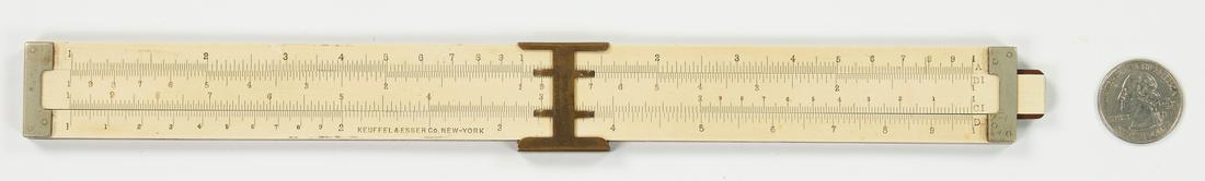Keuffel and Esser 10" Slide Rule: Keuffel & Esser (K&E) 4075, PN70 Mahogany Duplex slide rule. Comprised of two-sided white celluloid coated mahogany, brass framed chisel cursor with 2 points on both sides, and metal end pieces. This 