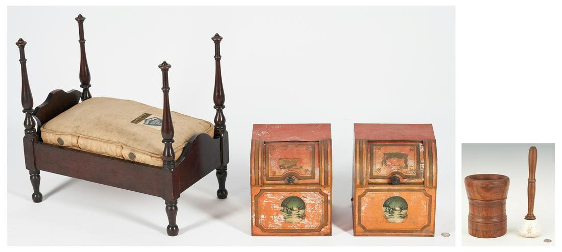 Pr. ToleTea Bins, Salesman's Mattress & Mortise w/: Group of early store items. 1st & 2nd items: Pair of red toleware counter top tea bins, each with sliding front door and painted winter landscape vignette to the lower front panel and gilt painted hig