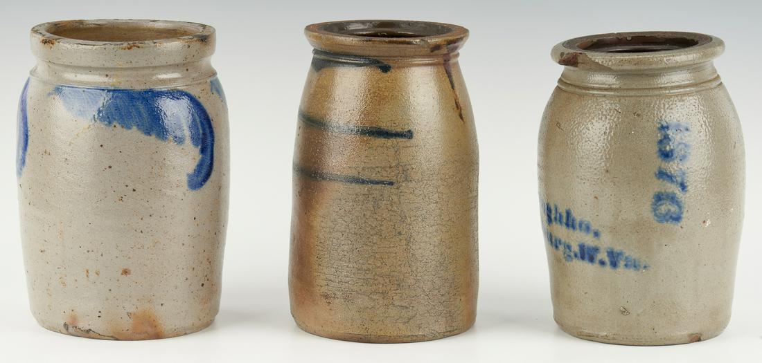 3 Mid Atlantic/West VA Cobalt Decorated Jars: Three (3) Mid Atlantic and West Virginia cobalt decorated salt-glazed stoneware jars. 1st item: Alexander Polk Donaghho, West Virginia jar stenciled "A.P. Donaghho/Parkersburg, W. Va." diagonally to o