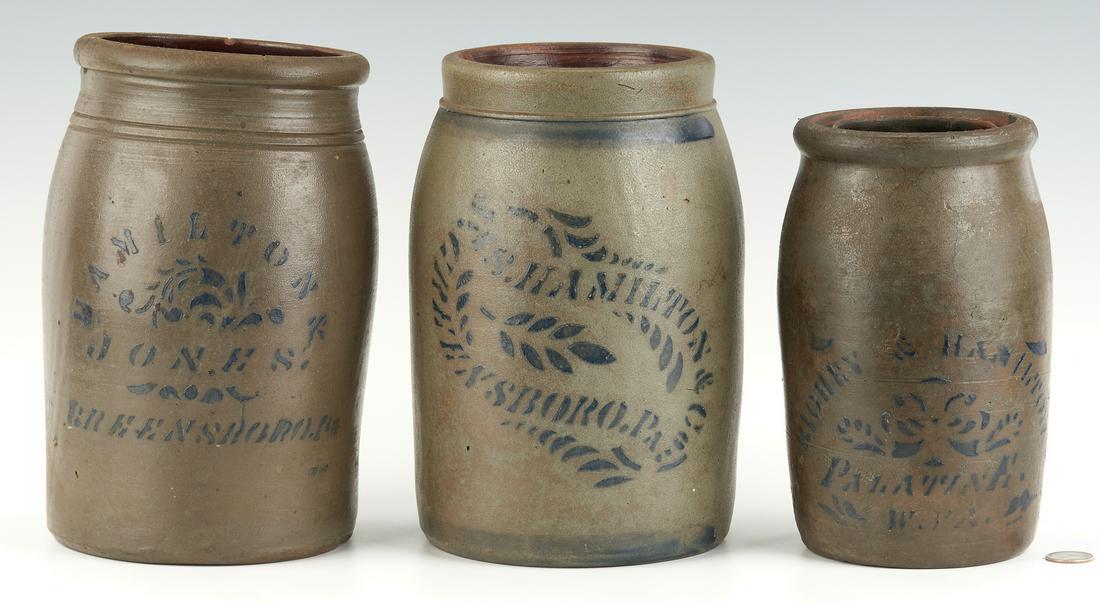 3 PA & WV Hamilton Stoneware Jars: Three (3) Pennsylvania and West Virginia cobalt decorated salt-glazed stoneware jars. 1st item: Hamilton and Jones, Greensboro, PA jar stenciled "Hamilton &/Jones/Greensboro.Pa" surrounding a central 