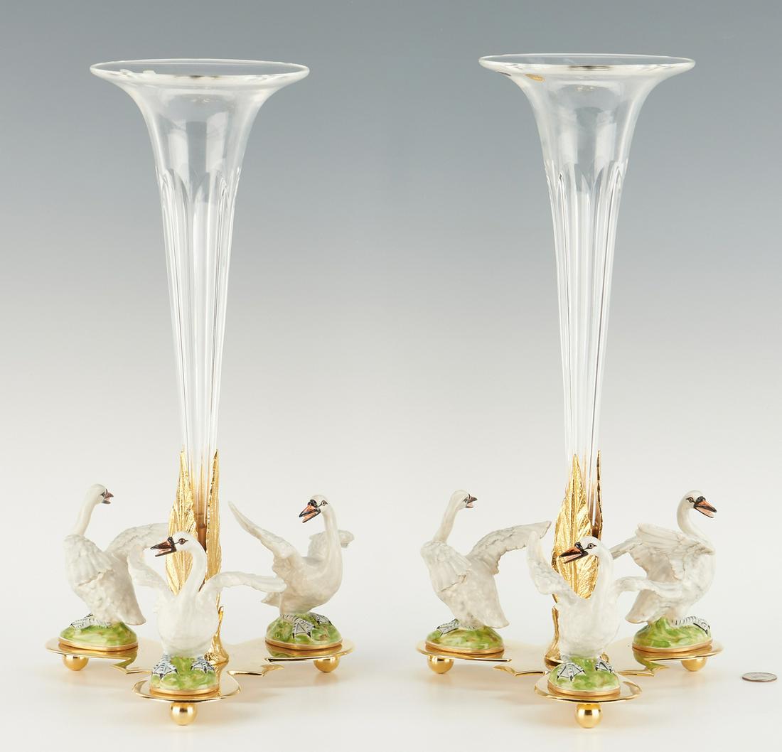 Pair Cain Collection Trumpet Vase Centerpieces w/ Swans: Pair of Chelsea House Cain Collection Italian trumpet vase centerpieces comprised of a lead crystal trumpet form vase set into a gilt metal leaf holder and tripodal vase, each foot adorned with a porc
