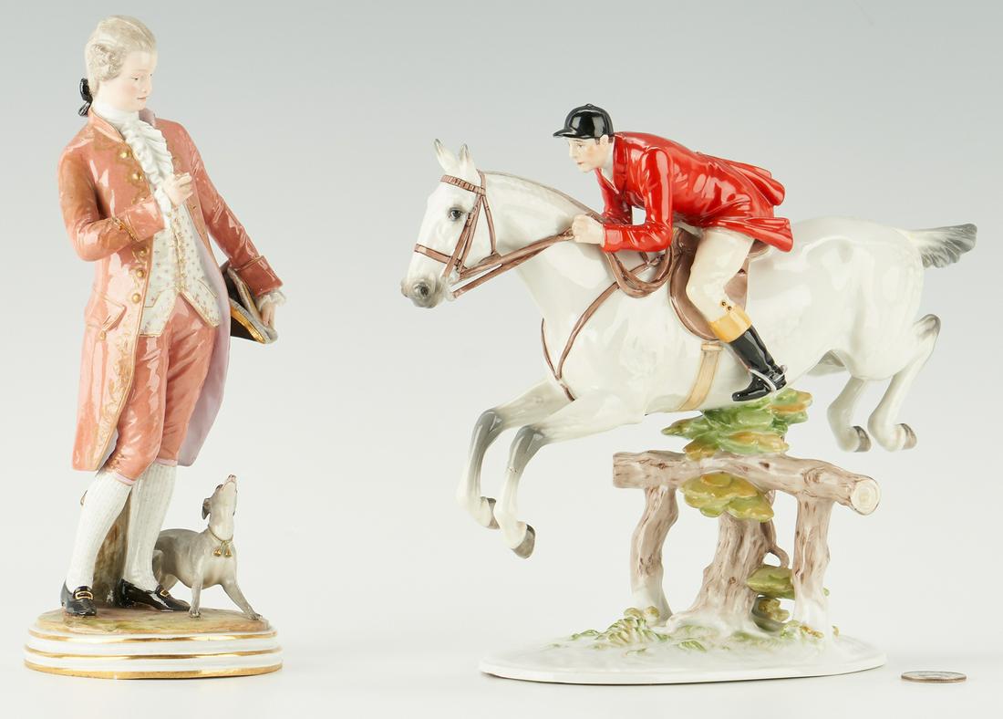 2 European Porcelain Male Figures, incl. Meissen,: Two (2) European porcelain male figurines, including Meissen and Augarten Wien. 1st item: German Meissen polychrome and parcel gilt male figural in a salmon and pink colored 18th century jacket, trous
