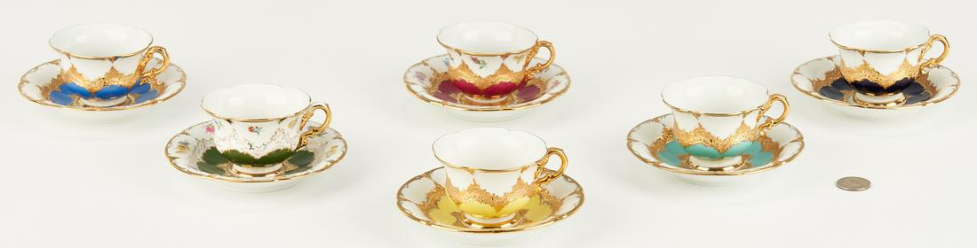 6 Meissen Cups and 6 Saucers in Assorted Colors, 12: Set of six (6) Meissen multicolor and gilt tea or demitasse cups and six (6) matching saucers with scalloped edges, the bodies decorated in assorted shades of red, yellow, dark blue, royal blue, aqua,