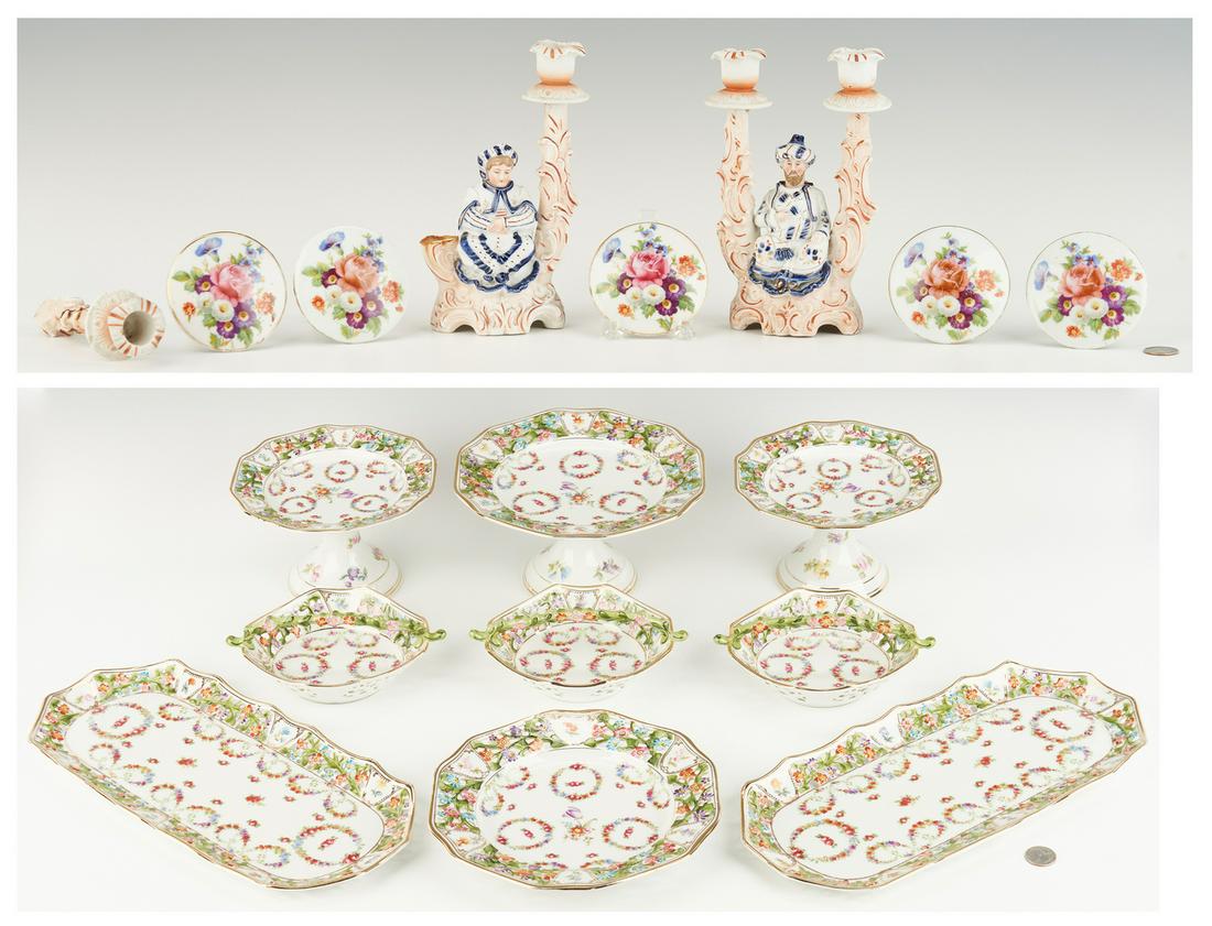 Porcelain Dessert Set, Nodder Candlesticks and Tiebacks: 1st - 9th items: Bavarian hand painted porcelain dessert set including 3 compotes, 3 handed baskets, 2 rectangular trays and one plate. All pieces with floral decoration; compotes, tray and plate with