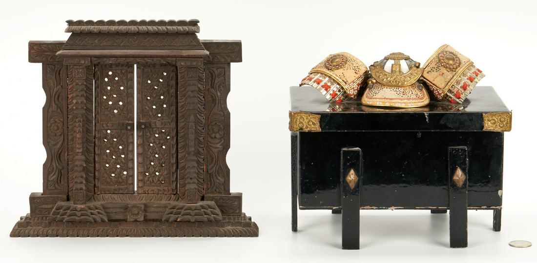 Asian Samurai Box & Shrine Portal: Two (2) Asian decorative items. 1st item: Japanese lacquer Hakko Bako Samurai box, black lacquer with gilt tin corner guards, the lift-top lid topped with model of Samurai helmet and armor. Old felt l