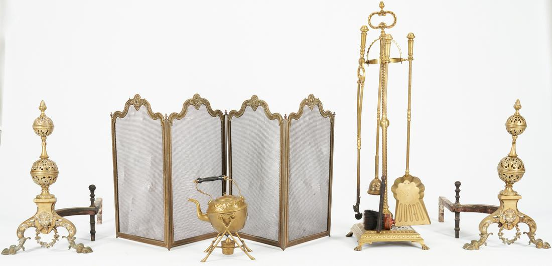 10 Brass Hearth & Kitchen Items: Ten (10) Continental brass hearth and kitchen items. 1st- items: Fireplace set including two (2) andirons with pierced design; one (1) firescreen with unknown makers mark "FB" to top of one panel; one