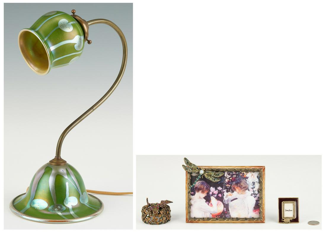 3 Jay Strongwater Items & 1 Phoenix Studios Lamp: Three (3) Jay Strongwater Enameled Items and one (1) Carl Radke Lamp, 4 items total. 1st-3rd items: Grouping of three (3) Jay Strongwater enameled and jeweled items including: one (1) rectangular phot