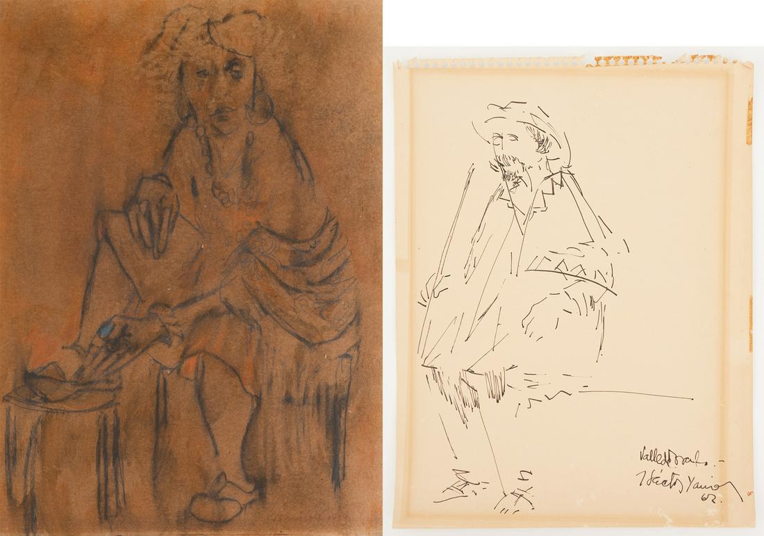 2 Portrait Drawings, incl. Zero Mostel: Two (2) Portrait drawings on paper, including Zero Mostel, Hector Xavier. 1st item: Zero Mostel (New York, 1915-1977) graphite and pastel on paper drawing depicting a seated woman wearing beaded neckl