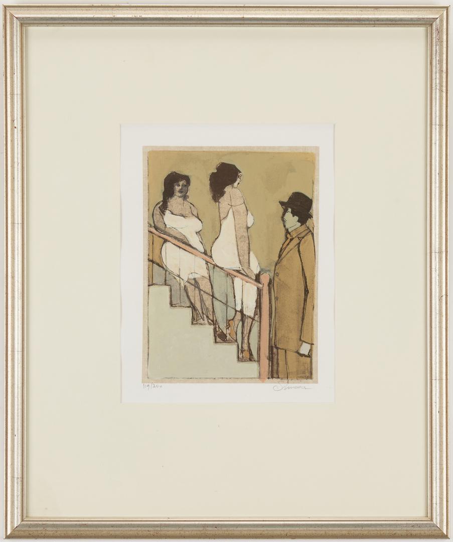David Schneuer Lithograph, Women on Stairs: David Schneuer (Israeli, 1905-1988) lithograph of a man in hat and coat with two scantily dressed women on a staircase. Signed in pencil lower right and numbered "119/300" lower left. Label en verso f