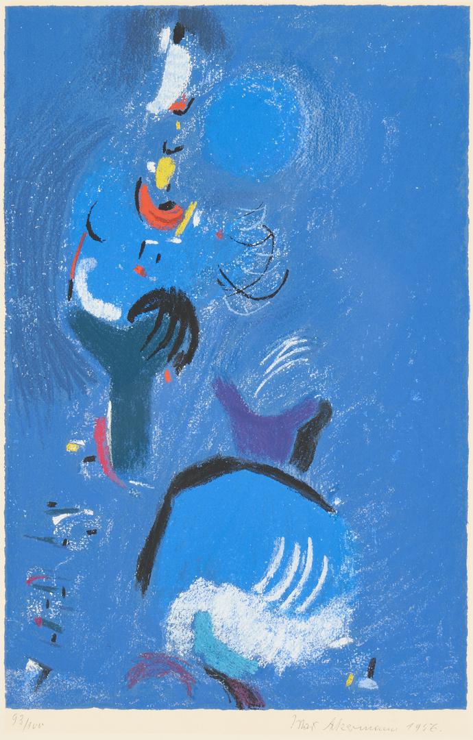 Max Ackermann Abstract Print, 93/100: Max Ackermann (German, 1887-1975), "In Praise of Blue," lithograph on wove paper, abstract composition on blue background, signed lower right margin and dated "1956", numbered "93/100" lower left. Flo