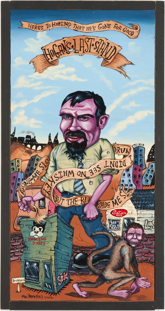 Mr. Hooper Outsider Painting, Hogan's Last Stand: Mr. (Tim) Hooper (Tennessee, 20th/21st Century) southern folk outsider art acrylic on board painting titled "Hogan's Last Stand / Here's Hoping He's Gone For Good." The painting depicts a man with pur