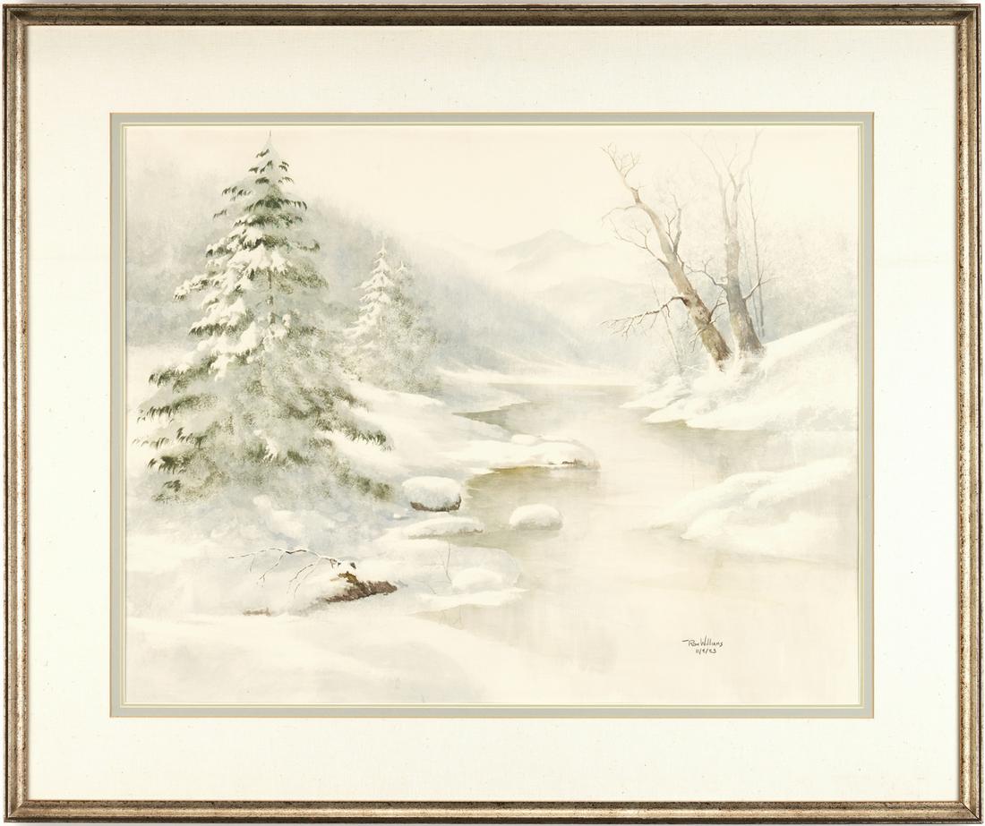 Ron Williams W/C, Winter Landscape: Ron Williams (Tennessee, d. 2016) watercolor on paper winter landscape painting depicting a frozen stream with snow covered evergreens and bare trees on either bank, fore and middle ground, a foggy mo