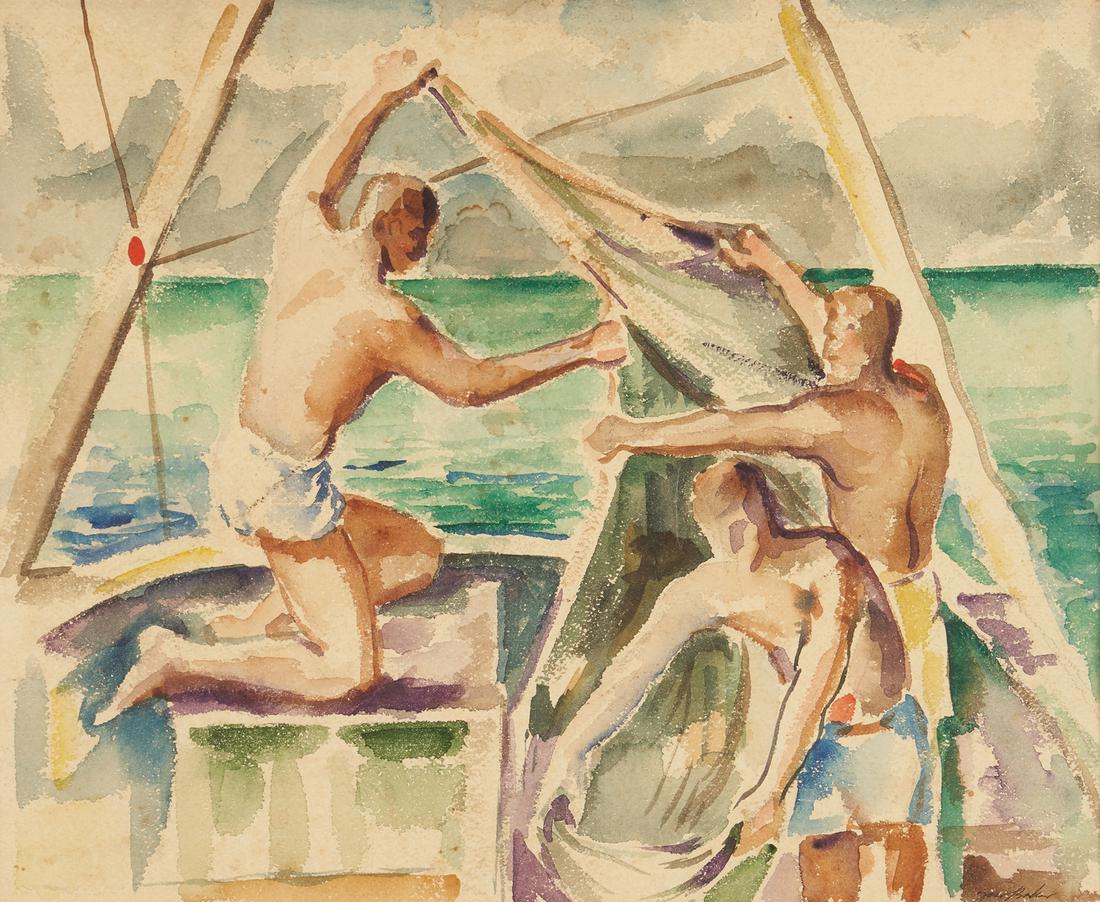 Gus Baker Watercolor of Men on Sailboat: Gus Baker (American/Tennessee, 1922-1994) watercolor painting depicting 3 young shirtless men putting up the sails on a boat, surrounded by water. Signed in pencil "Gus Baker" lower right. Framed unde