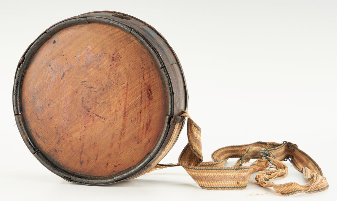 Civil War Confederate Gardner Canteen w/ Poss. Uni: Civil War era Confederate Gardner Pattern cedar wood drum canteen with red, white, and blue striped cloth strap, iron bands around the circumference, and three iron sling keepers. Traces of black pain