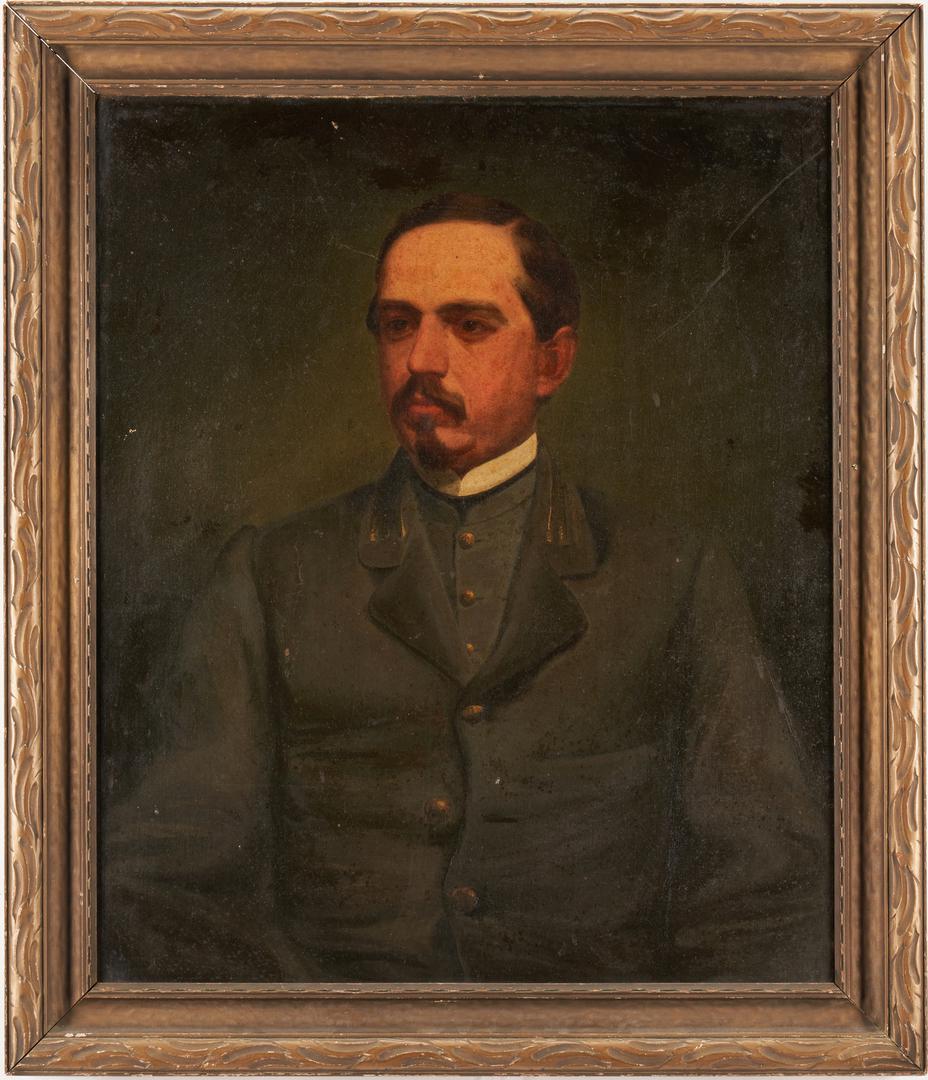 Portrait of CSA Capt. Samuel Wilkins, North Caroli: Oil on canvas portrait of Confederate Captain Samuel Wilkins, 50th North Carolina Infantry. Painting depicts Wilkins as a man in his early middle age, wearing a dark grey Confederate uniform with bras