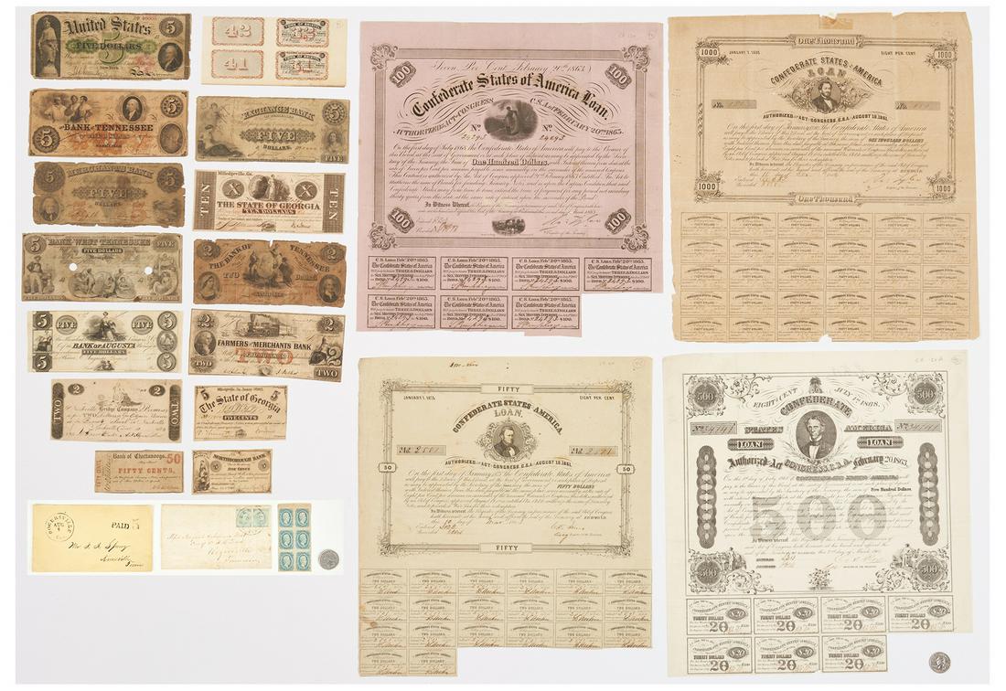 21 Civil War Era Paper Ephemera items, incl. CSA: Eighteen (18) obsolete currency notes, including four (4) Confederate States of America (CSA) loan bonds certificates, with one (1) $1000, Tennessee and Georgia bank notes, 1863 US $5 Red Seal Legal T