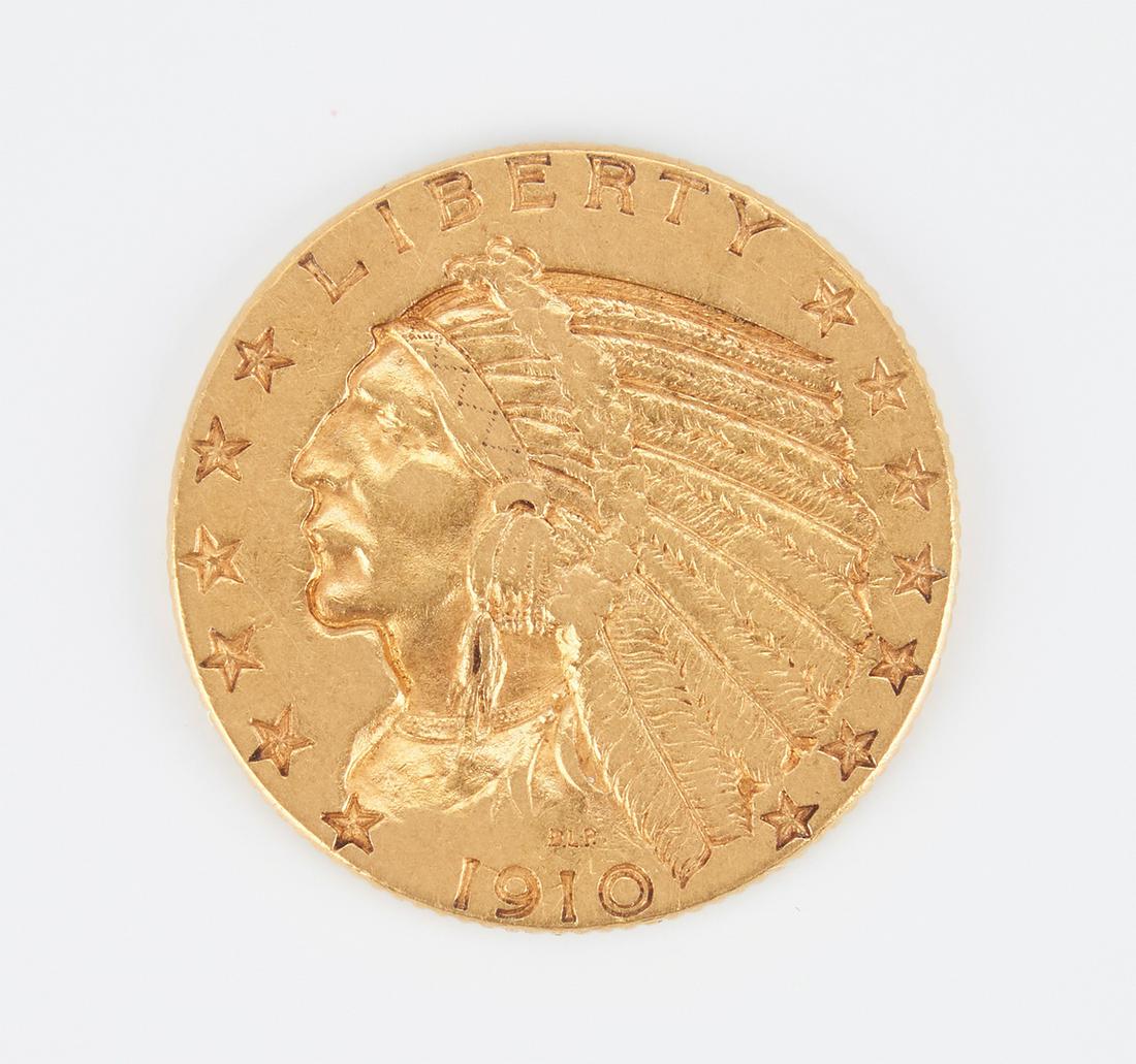 1910 US $5 Dollar Indian Head Gold Coin: 1910 United States $5 Five Dollar Indian Head Half Eagle gold coin, Philadelphia mint, designed by Bela Lyon Pratt (American, 1867-1917). Depicts a Native American chieftain in a war bonnet surrounded