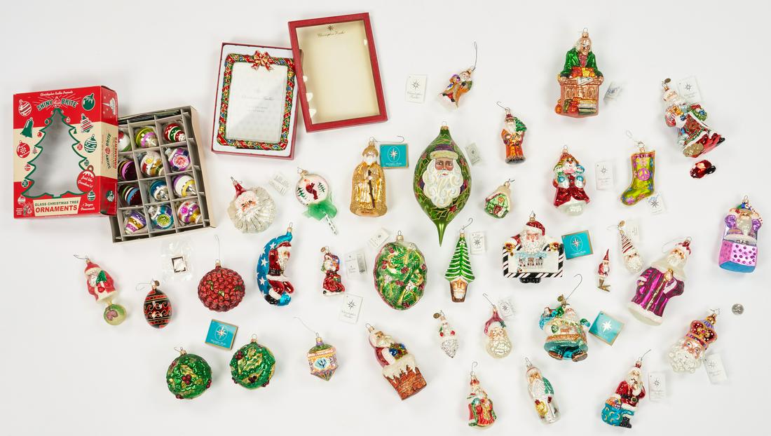 37 Christopher Radko Christmas Items, incl. Ornaments,: Thirty-seven (37) Christopher Radko, European Christmas items, including thirty-three (33) hand painted, blown glass ornaments, one (1) signed, circa 1993-2006 and box of Shiny Brite ornaments. Includ