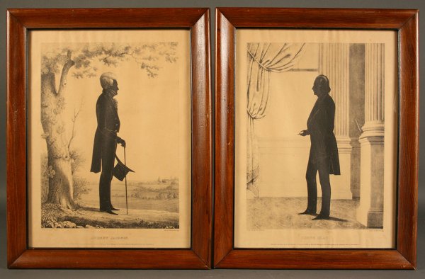 Pair of Jackson & Clay silhouette prints by Kellogg: Framed pair of Andrew Jackson and Henry Clay silhouette prints by Kellogg. 1st item - Silhouette of Henry Clay, Taken From Life, by Wm. H. Brown. Printed by E.B. & E. C. Kellogg. Condition - Overall t