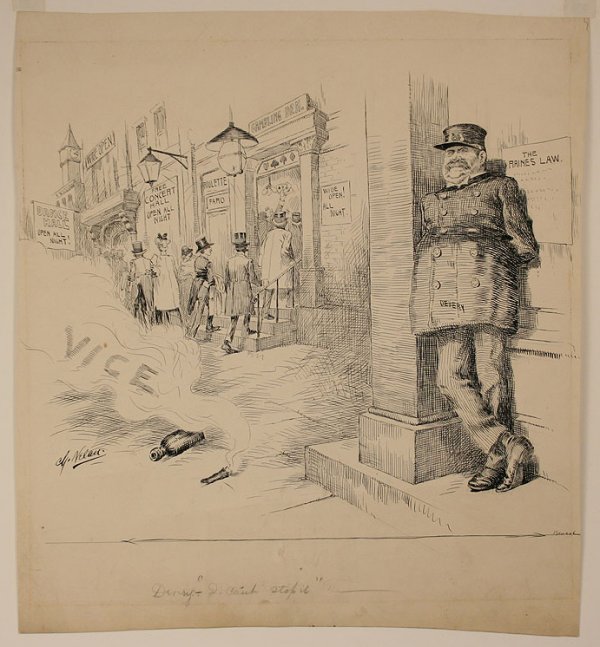 Ink Drawing, Charles Nelan: Ink Drawing by Charles Nelan (American, 1858-1904). Signed lower left C. Nelan and titled in pencil in margin, "Devery - I can't stop U'. Scene depicts the vice of gambling and people entering into a 