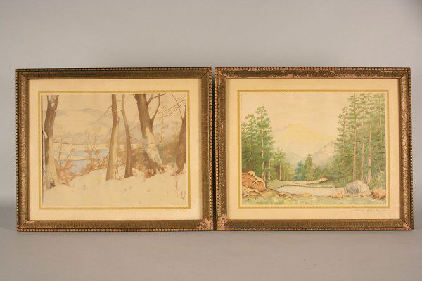 Pair of landscape pastels, signed: Two framed landscape pastels by Charles H. Gibson. 1st Item - Scene depicts background mountains, trees & stream. Signed lower left matte margin "Chas. H. Gibson, May 1954". Condition - A few small ar