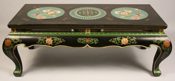 Cloisonne table: Chinese cloisonné medallion and lacquer table on cabriole legs. Consisting of three circular medallion panels. Overall very good condition. 18 1/4" Height x 49 1/2" Length x 23" Depth. Early 20th cen
