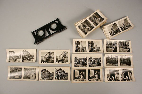 Raumbild-Verlag German military photographs: 119 special Heinrich Hoffmann and Raumbild-Verlag 3-D stereo photographs and the nickel plated metal viewer with glass lenses that is set up to view the photographs. Photo 93 appears to be missing fro
