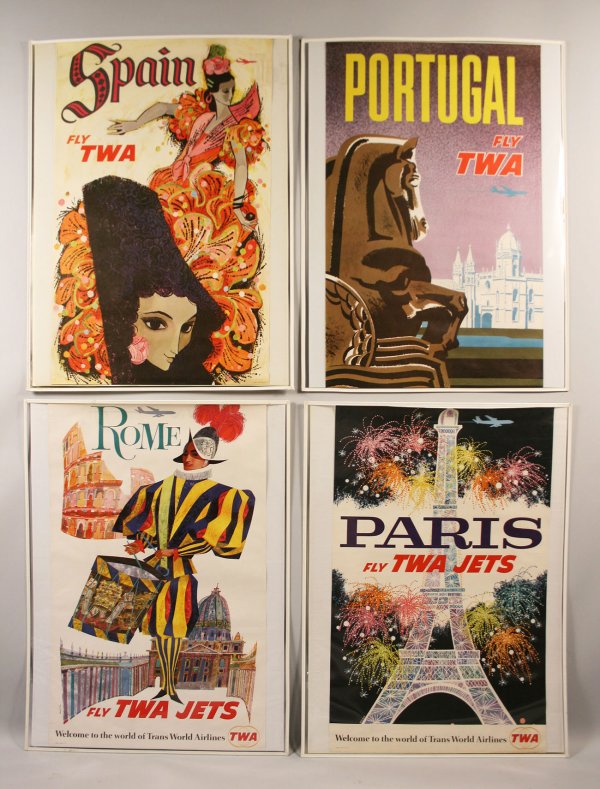 4 Vintage David Klein TWA posters: Four (4) vintage TWA travel posters by David Klein, circa 1960s. Includes posters for Rome, Spain, Portugal, and Paris. Overall very good condition with the Spain poster having a lower margin tear/los