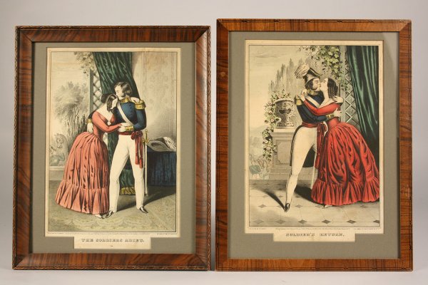 Pair of lithographs, Currier soldier prints: Pair of hand-colored Nathaniel Currier lithographs (prior to the Currier & Ives partnership) from Mexican War era, circa 1840s, entitled "Soldiers Adieu" and "Soldier's Return". Condition - scattered 