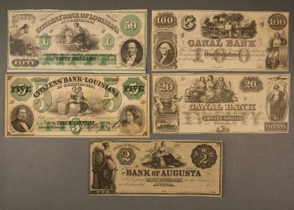 Lot of five obsolete currency notes, Louisiana & GA: Lot of five obsolete currency notes, Louisiana & Georgia. 1st item - $5 Dollar Citizen's Bank of Louisiana note, Shreveport, with Prosperity and Liberty seated. Red reverse in French. Dated August 23 
