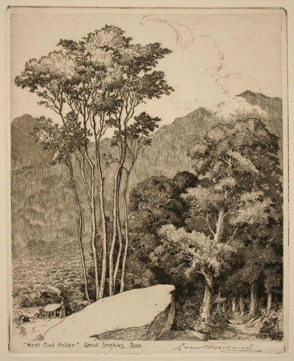 Leon Pescheret etching, "Hoot Owl Holler, Smokies : Tennessee related etching by Leon Rene Pescheret (1892-1971). Etching and aquatint of Smokey Mountains, signed and titled lower bottom margin, "Hoot Owl Holler" - Great Smokies Tenn.", pencil signed l