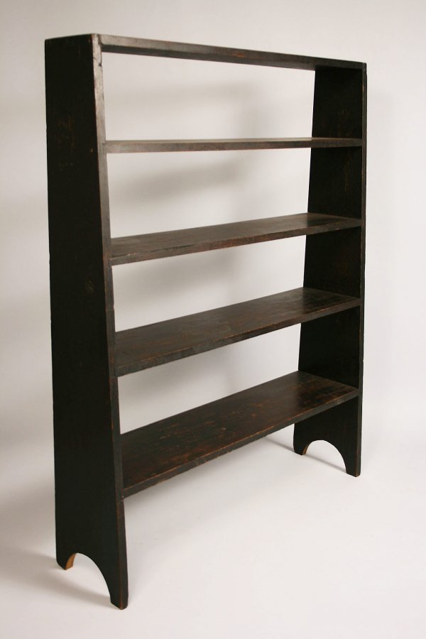 Painted bucket bench or crock stand: Painted bucket bench or crock stand constructed of pine and poplar with original black paint. Open dovetailed top with other shelves open dado with cut nail reinforcement. Round boot jack legs. Sides