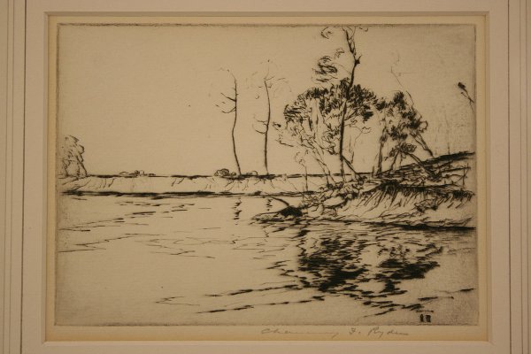 Chauncey Ryder framed etching: Framed etching depiciting coastal scene by Chauncey Foster Ryder (American 1868-1949). Pencil signed lower right Chauncey F. Ryder. Excellent condition. Sight 5" x 6 3/4". Framed 11 3/4" x 13 5/8".