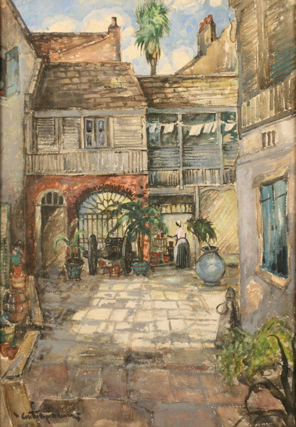 Colette Heldner watercolor, New Orleans Courtyard: Watercolor by Colette Pope Heldner (American, New Orleans 1902-1990) depicting a New Orleans courtyard scene, signed lower left. Overall excellent condition, not examined out of frame. Sight - 21 3/4"