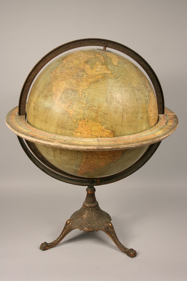 Floor globe or large table terrestrial globe, Hammo: C. S. Hammond & Co. terrestrial globe on metal tripod base with astrological and monthly horizon and metal engraved meridian. Overall good condition with some yellowing to globe and small losses to ho