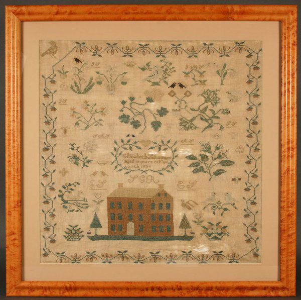 Large American school girl house sampler, 1834: Large American needlework sampler, signed and dated 1834, silk on linen, depicting a large house or school/academy. Floral border with bird at top left corner, birds, flowers, baskets and trees, along