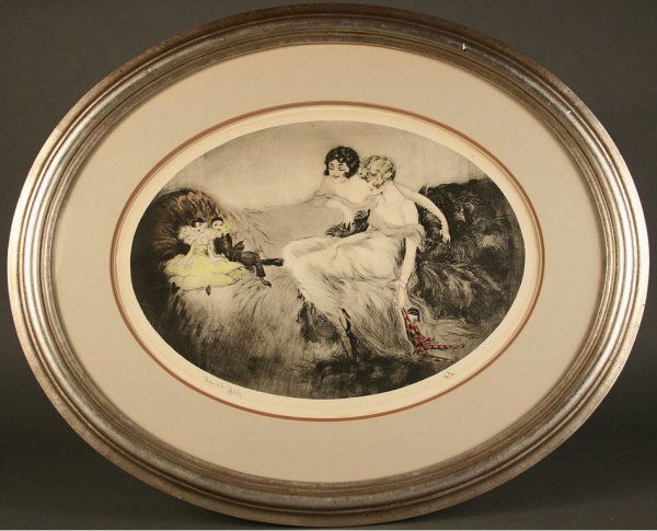 Cote French Dolls etching, signed: Art Deco French Dolls colored etching depicting ladies in French boudoir setting, style similar to Louis Icart Art Deco engravings. Signed in pencil, Cote and titled "French Dolls". Oval matte and gil