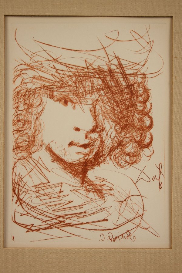 Salvador Dali framed etching, Rembrandt: Salvador Dali (1904-1989) Sepia etching entitled "Rembrandt", circa 1968, signed in plate. The Collector's Guild, Ltd. Authentication label en verso. Excellent condition. Sight - 7 1/8"Height x 5 1/4"